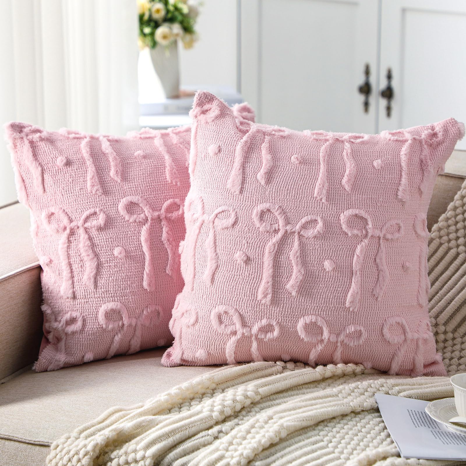 Pink Bow Throw Pillow Covers 1 - Pillow Insert 18X18 评论和价格